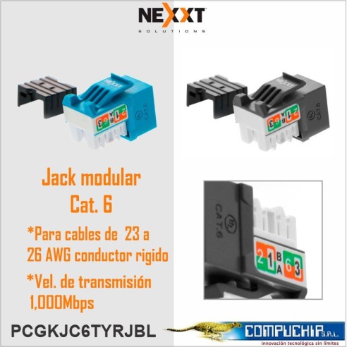 JACKS MODULAR CATEGORÍA 6, NEXXT, SIN BLINDAJE, AZUL, NEGRO, GRIS, BLANCO