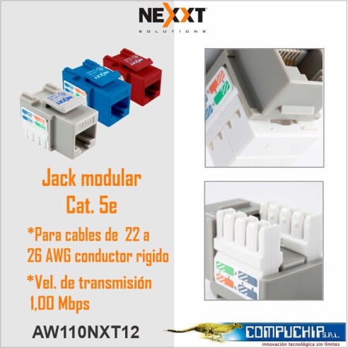Jacks modular categoría 5E, Nexxt, sin blindaje, azul, rojo, gris.