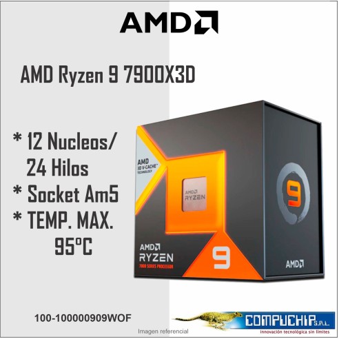 Procesador AMD Ryzen 9 7900X3D 4.4/5.6GHz, 128MB L3, 12-Cores, Socket AM5, 120W.