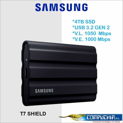Unidad de estado solido externo SSD T7 Shield USB 3.2 Gen 2 (10Gbps) 4TB, Portatil, Negro