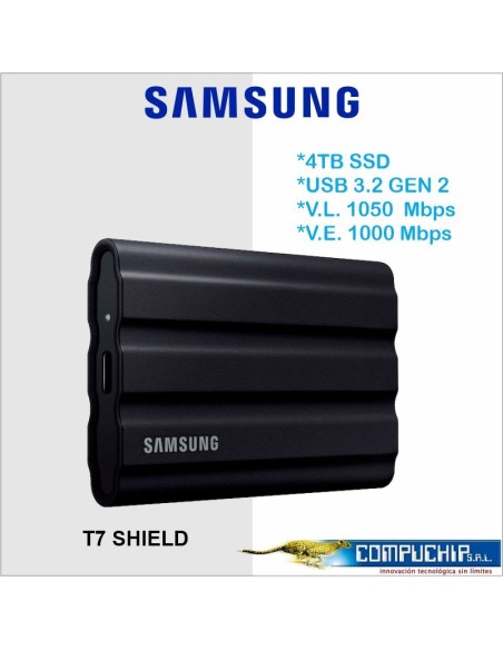 Unidad de estado solido externo SSD T7 Shield USB 3.2 Gen 2 (10Gbps) 4TB, Portatil, Negro
