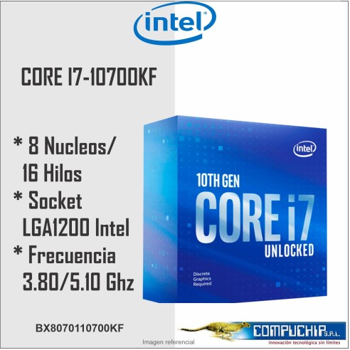 Procesador Intel Core i7-10700KF, 3.80 GHz, 16 MB Caché L3, LGA1200, 125W, 14 nm.