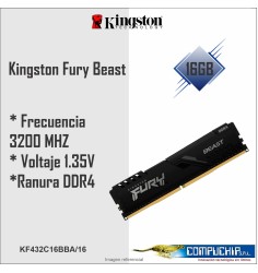 Memoria Kingston Fury Beast, 16GB, DDR4, 3200 MHz, PC4-25600, CL16, 1.35V.