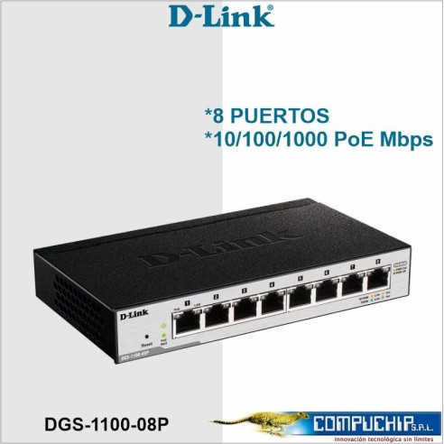 Switch D-Link DGS-1100-08P, Capa 2, 8 puertos RJ-45 LAN GbE, PoE, Auto MDI/MDIX.