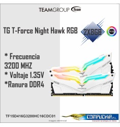 Kit de Memoria TG T-Force Night Hawk RGB, (2 x 8GB), DDR4-3200 MHz, CL16-18-18-38, 1.35V
