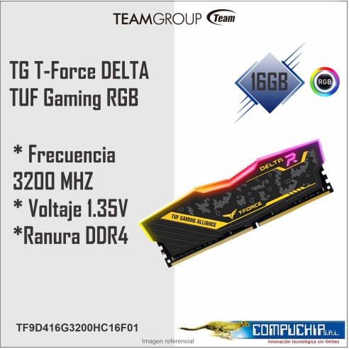 Memoria TG T-Force DELTA TUF Gaming RGB, 16GB, DDR4-3200 MHz, CL16-20-20-40 1.35V