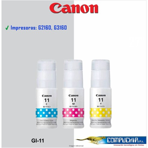 BOTELLA DE TINTA CANON GI-11 COLOR CYAN, MAGENTA, AMARILLO, 70ML.