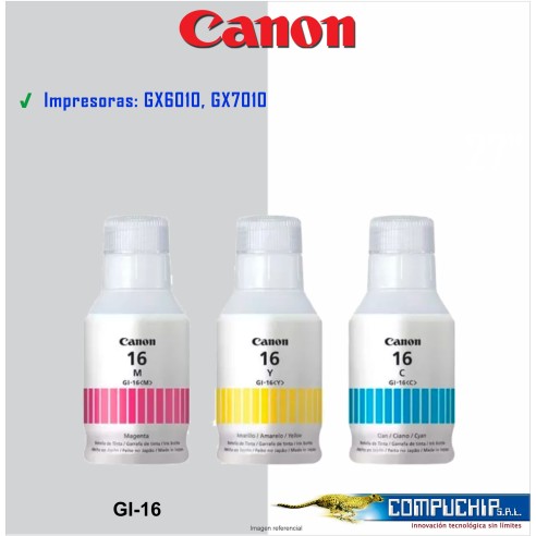 BOTELLA DE TINTA CANON GI-16 CYAN, MAGENTA, AMARILLO, 135ML.