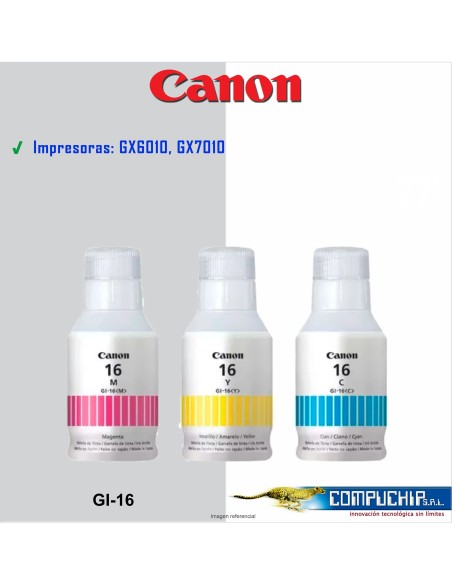 BOTELLA DE TINTA CANON GI-16 CYAN, MAGENTA, AMARILLO, 135ML.