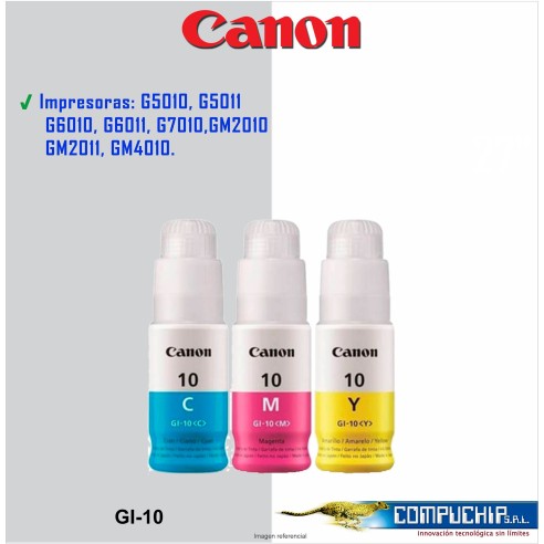 BOTELLA DE TINTA CANON GI-10 COLOR CYAN, MAGENTA, YELLOW 70ML.
