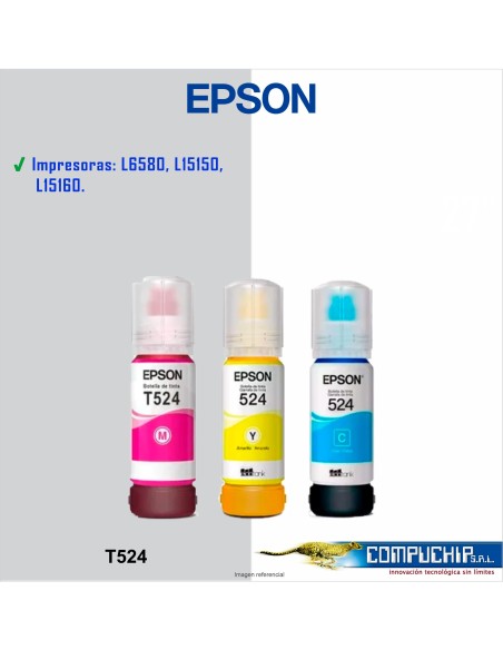 BOTELLA DE TINTA EPSON T524 CYAN, MAGENTA, AMARILLO, 70ML.