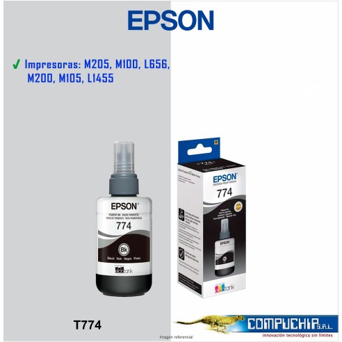 BOTELLA DE TINTA EPSON 774 (T774120), 140ML, TINTA NEGRA, PARA IMPRESORAS EPSON WORKFORCE M105 / M205.