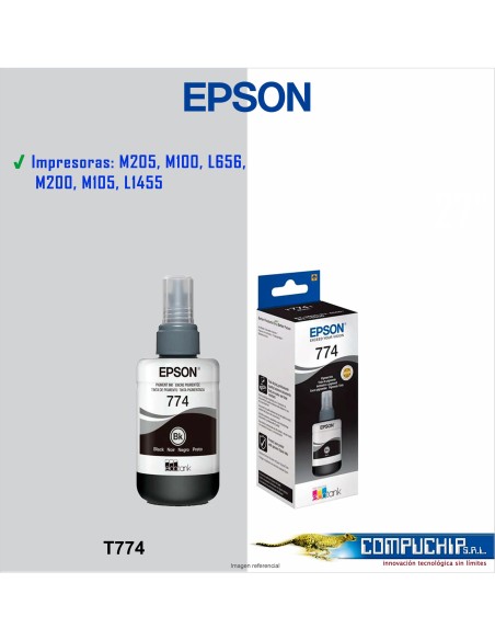 BOTELLA DE TINTA EPSON 774 (T774120), 140ML, TINTA NEGRA, PARA IMPRESORAS EPSON WORKFORCE M105 / M205.