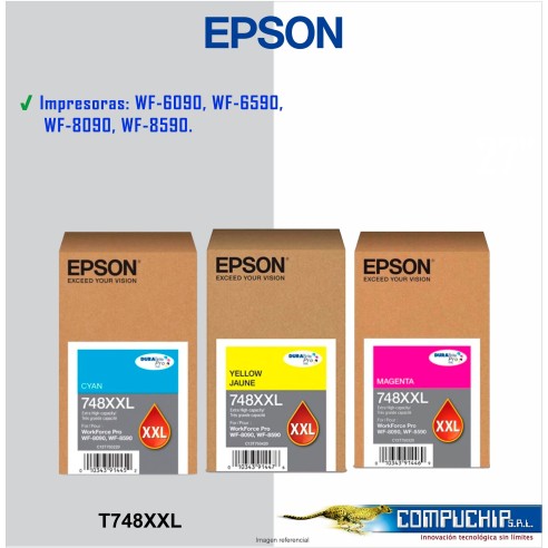 CARTUCHO DE TINTA EPSON 748XXL CYAN, MAGENTA, AMARILLO, 69ML.