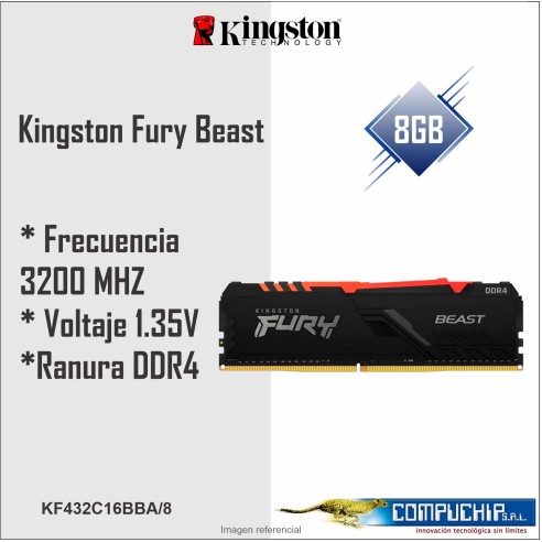 Memoria Kingston Fury Beast 8GB DDR4-3200 MHz, PC4-25600, CL16, 1.35V, 288-Pin, Non-ECC