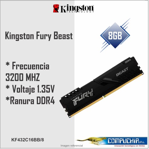 Memoria Kingston Fury Beast, 8GB, DDR4-3200MHz, PC4-25600, CL16, 1.35V, 288-Pines, XMP 2.0
