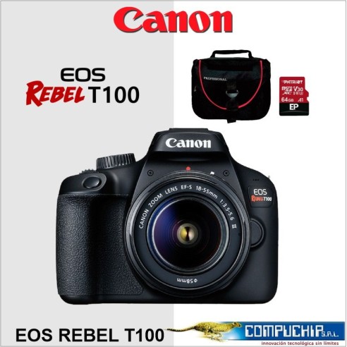 COMBO 48: CÁMARA REFLEX T100 EF-S 18-55 MM DC III CANON + MEMORIA 64GB + MALETÍN