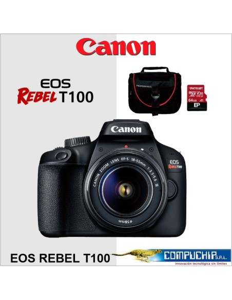 COMBO 48: CÁMARA REFLEX T100 EF-S 18-55 MM DC III CANON + MEMORIA 64GB + MALETÍN