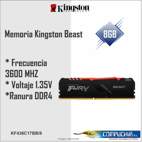 Memoria Kingston Fury Beast, 8GB, DDR4 3600 MHz, PC4-28800, CL17, 1.35V.