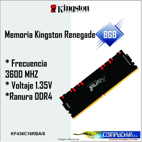 Memoria Kingston Fury Renegade 8GB DDR4-3600 MHz PC4-28800, CL16, 1.35V, 288-Pin, Non-ECC