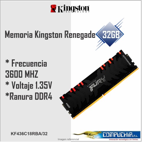 Memoria Kingston Fury Renegade 32GB DDR4-3600 MHz PC4-28800, CL18, 1.35V, 288-Pin, Non-ECC