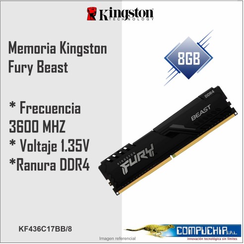 Memoria Kingston Fury Beast 8GB DDR4-3600 MHz, PC4-28800, CL17, 1.35V, 288-Pin, Non-ECC