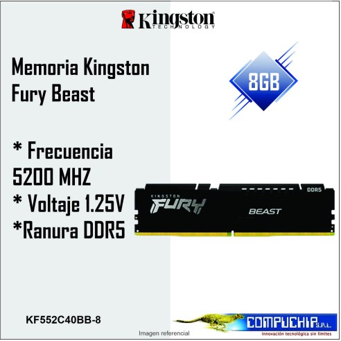 Memoria Kingston Fury Beast 8GB, DDR5-5200MHz, PC5-41600, CL40, 1.25V, 288-Pines, XMP 3.0