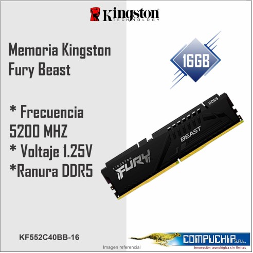 Memoria Kingston Fury Beast 16GB, DDR5-5200MHz, PC5-41600, CL40, 1.25V, 288-Pines, XMP 3.0