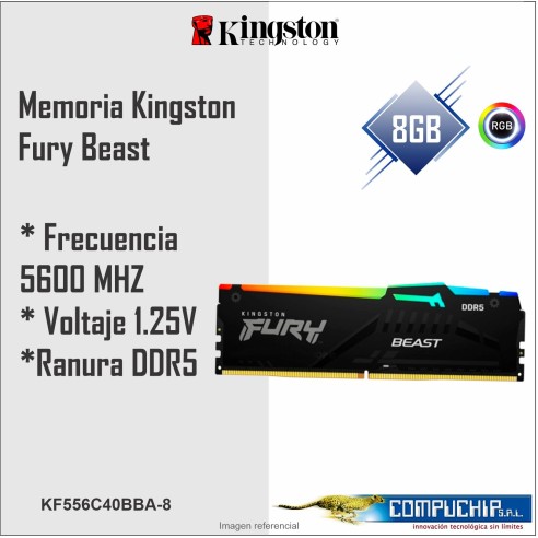Memoria Kingston Fury Beast 8GB DDR5-5600MHz PC5-44800 CL40, 1.25V, 288-Pin, XMP 3.0, RGB