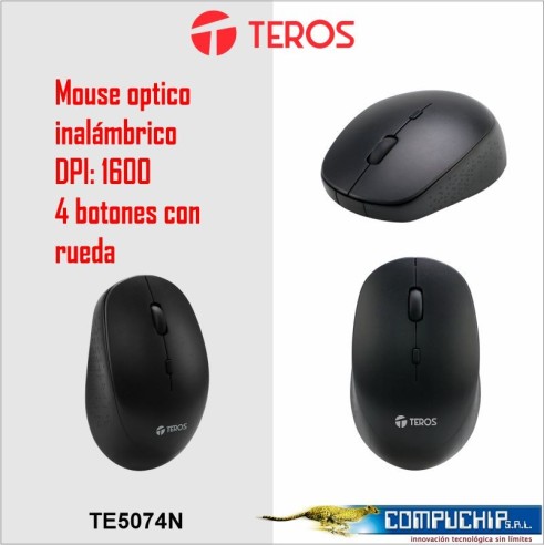 Mouse óptico inalámbrico Teros TE5074N, color Negro, 1600 dpi, receptor USB.