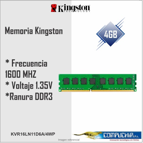 Memoria Kingston, 4GB DDR3-1600MHz PC3-12800, CL11, 1.35V, 240-Pin, Non-ECC