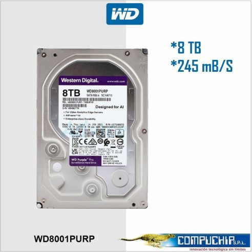 Disco duro Western Digital Purple Pro WD8001PURP, 8TB, SATA, 7200rpm, 3.5", Cache 256MB