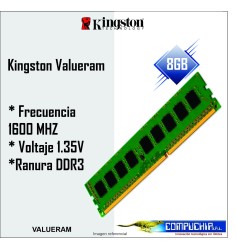 Memoria Kingston, 8GB DDR3-1600MHz PC3-12800, CL11, 1.35V, 240-Pin, Non-ECC