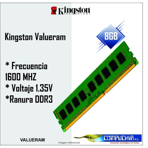 Memoria Kingston, 8GB DDR3-1600MHz PC3-12800, CL11, 1.35V, 240-Pin, Non-ECC
