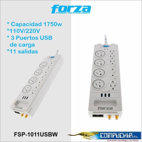 PROTECTOR DE TENSION FORZA FSP-1011USBW,1800J, 1750W, USB, RJ45 & coax-120V/240V