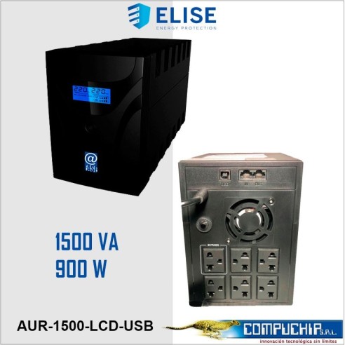 UPS Interactivo Elise Fase, AUR-1500-LCD-USB, 1500 VA / 900 W, Puerto inteligente USB-HID.