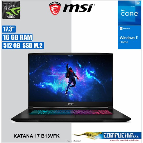 Notebook MSI Katana 17 B13VFK 17.3" FHD IPS 144Hz Core i7-13620H hasta 4.9G 16GB DDR5-5200