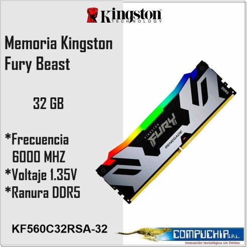 Memoria Kingston Fury Renegade 32GB DDR5-6000MHz PC5-48000, CL32, 1.35V 288-Pin, RGB, DIMM