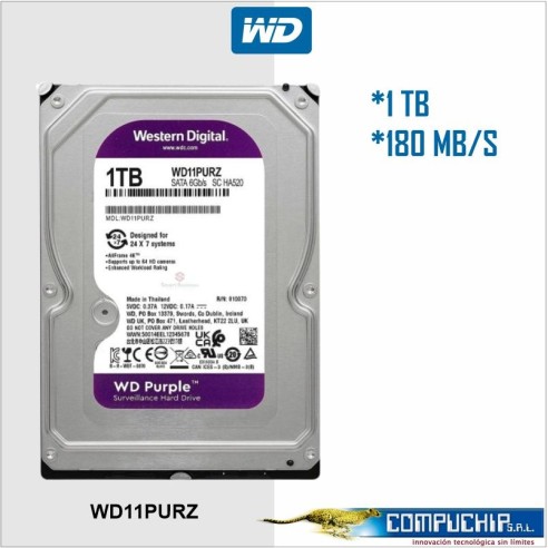 Disco duro Western Digital WD Purple, 1TB, SATA 6.0 Gb/s, 5400 RPM, 64MB Cache, 3.5".