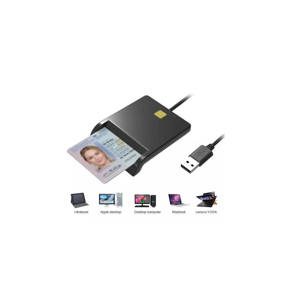 Lecteur De Carte DNI électronique Woxter - Compatible DNI 3.0 Et 4.0, Connexion USB Type C, Avec Adaptateur USB-A