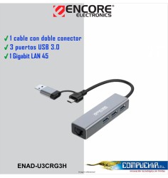 ADAPTADOR TIPO-C/A a Ethernet RJ-45 GIGABIT + HUB 03 PUERTOS USB 3.0 en ALUMINIO ENCORE ELECTRONICS