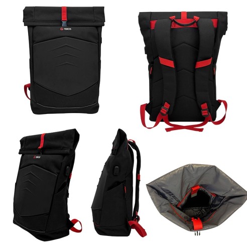 Mochila gamer Teros TE-IDS18588, Poliéster, notebook hasta 15.6", negro+rojo.