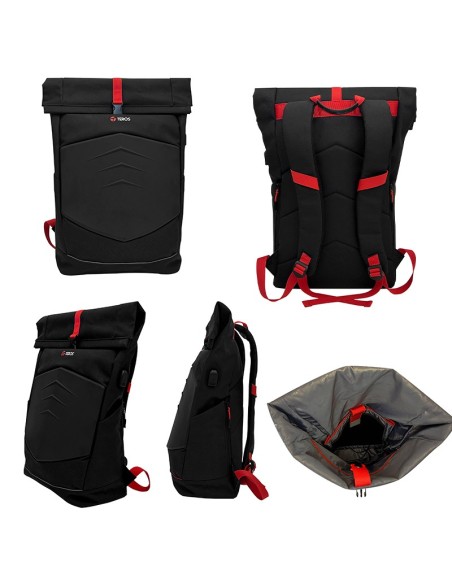 Mochila gamer Teros TE-IDS18588, Poliéster, notebook hasta 15.6", negro+rojo.