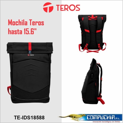 Mochila gamer Teros TE-IDS18588, Poliéster, notebook hasta 15.6", negro+rojo.