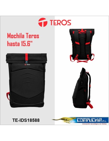 Mochila gamer Teros TE-IDS18588, Poliéster, notebook hasta 15.6", negro+rojo.