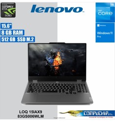 Notebook Lenovo LOQ 15IAX9 15.6" FHD IPS, Core i5-12450HX hasta 4.4GHz 8GB DDR5-4800MHz
