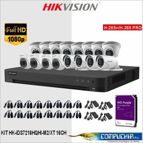 KIT DE VIDEOVIGILANCIA HIKVISION HK-iDS7216HQHI-M2/XT/DVR DE 16 CANALES 1080P/8 CAMARAS DOMO/4 CAMARAS TURRET/4CAMARAS TUBO