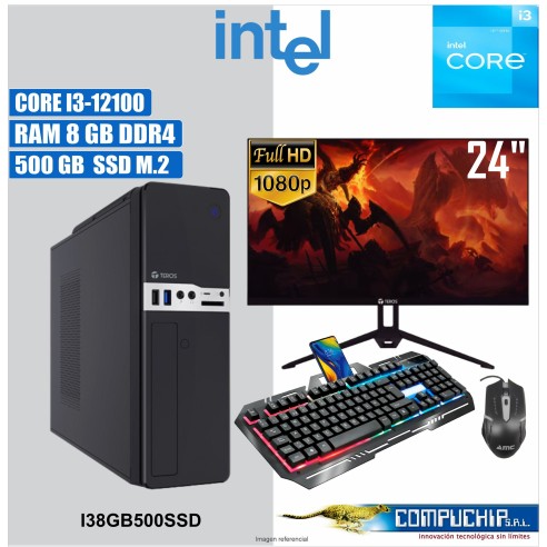 PC INTEL CORE I3-12100, 3.3/4.3 GHZ, 16GB DDR4, 512GB M.2 SSD , MONITOR 24".