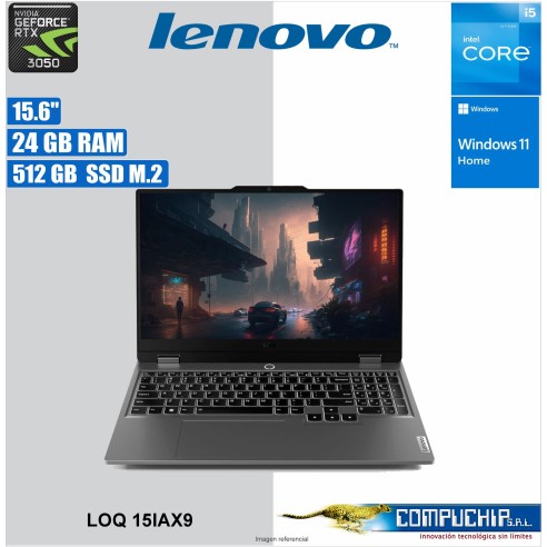 Notebook Lenovo LOQ 15IAX9 15.6" FHD IPS, Core i5-12450HX hasta 4.4GHz, 24GB DDR5-4800MHz
