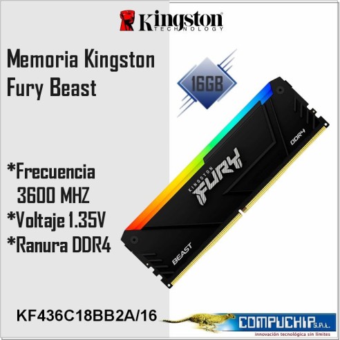 Memoria Kingston Fury Beast RGB BLACK, 16GB, DDR4-3600MHz, PC4-28800, CL18, 1.35V, Non-ECC